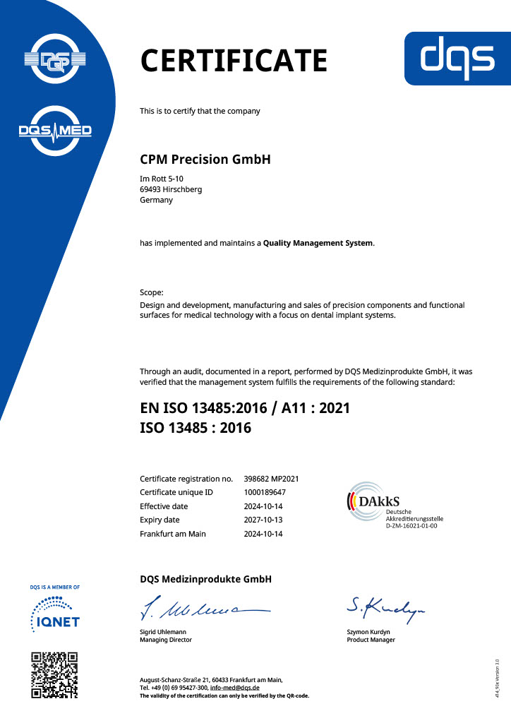 EN ISO 13485:2016 / A11 : 2021 ISO 13485 : 2016 certification for CPM Precision GmbH