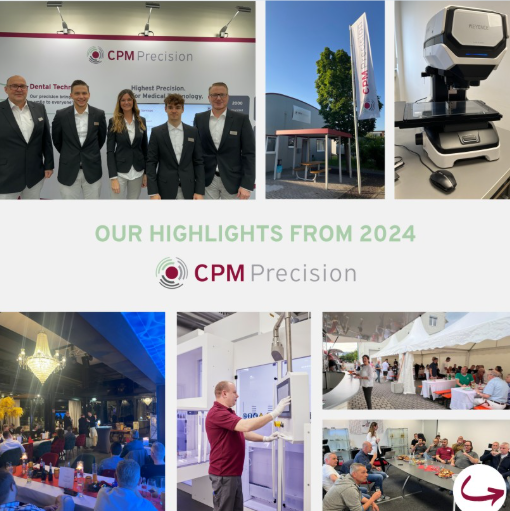 Collage diverser Highlights aus 2024 bei CPM Precision: Gruppenbild des Standpersonals auf der COMPAMED, neue Fahnen auf unserem Außengelände, neues Messmikroskop, Ausschnitt unserer Weihnachtsfeier, Mitarbeiter an unserer neuen, automatisierten Ätz- und Reinigungsanlage sowie Einblick in unserer Sommerfest.
