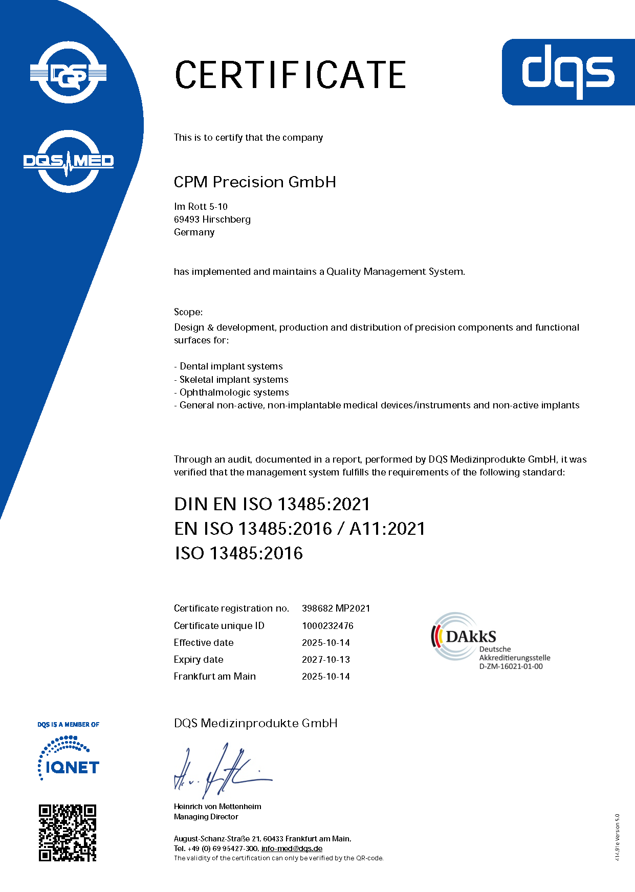 DIN EN ISO 3485:2021 EN ISO 13485:2016 / 11:2021 ISO 3485:2016 Certificate of CPM Precision GmbH