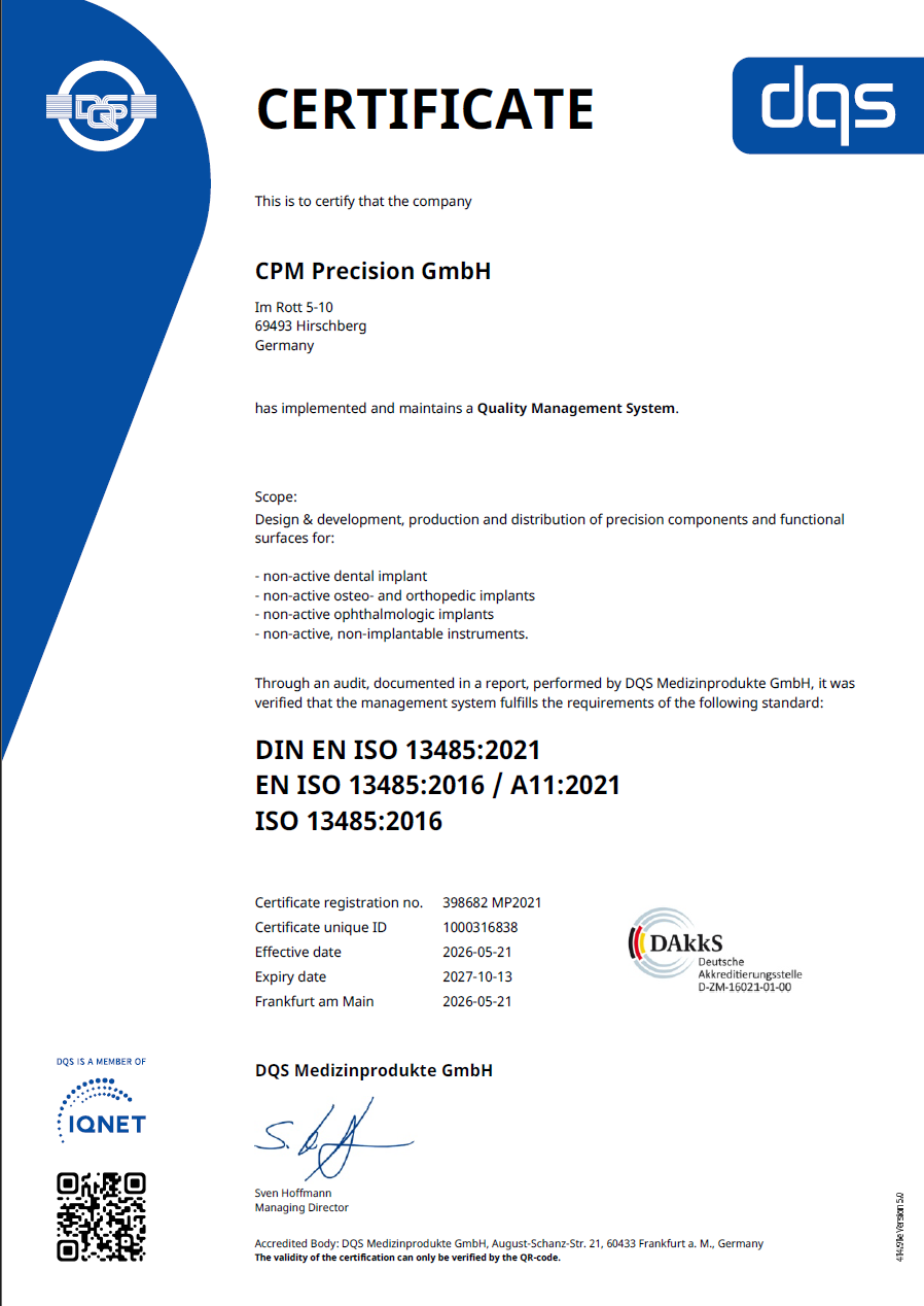 DIN EN ISO 3485:2021 EN ISO 13485:2016 / 11:2021 ISO 3485:2016 Certificate of CPM Precision GmbH