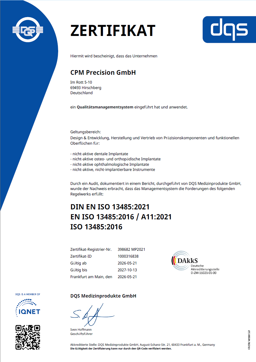 DIN EN ISO 3485:2021 EN ISO 13485:2016 / 11:2021 ISO 3485:2016 Zertifikat der CPM Precision GmbH