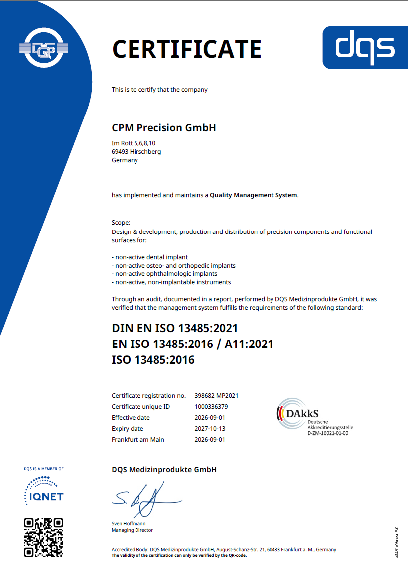 DIN EN ISO 3485:2021 EN ISO 13485:2016 / 11:2021 ISO 3485:2016 Certificate of CPM Precision GmbH