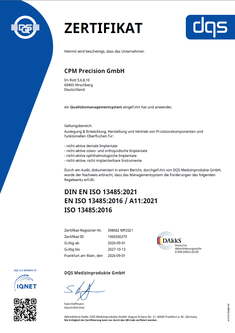 DIN EN ISO 3485:2021 EN ISO 13485:2016 / 11:2021 ISO 3485:2016 Zertifikat der CPM Precision GmbH